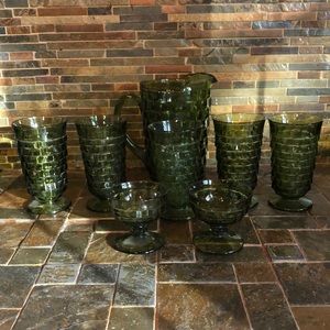 Whitehall vintage cubist pitcher , tall drinking glasses and desert cups.